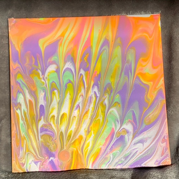 Original Paint Pour Art! 8x8 canvas board with neon pink, purple, green & white - Picture 5 of 5